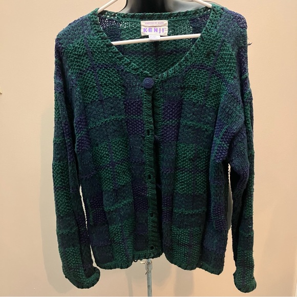 Kenji vintage green and blue button down hand-knitted cardigan sweater, L - Picture 9 of 11